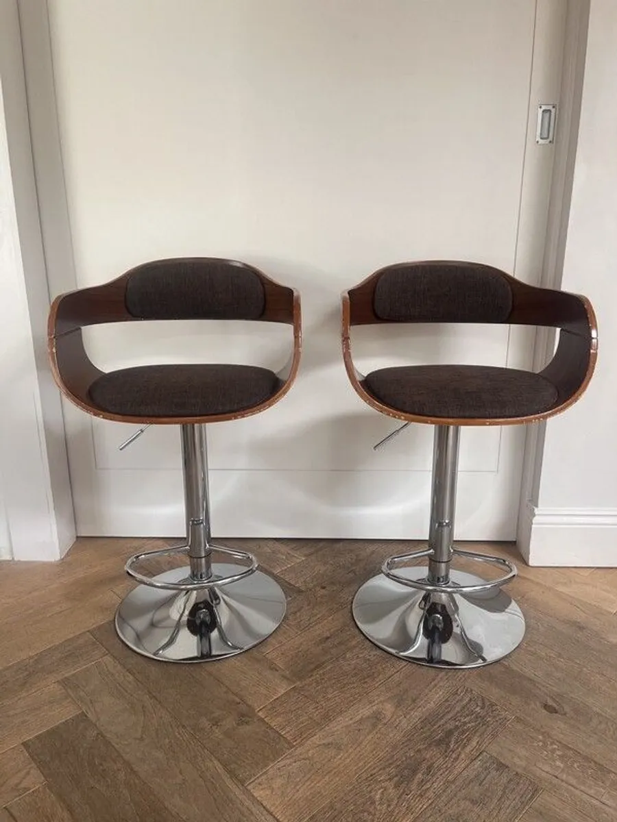 KARE Design Monaco Bar Stools, Pair, Walnut & Chrome, Adjustable - Image 1