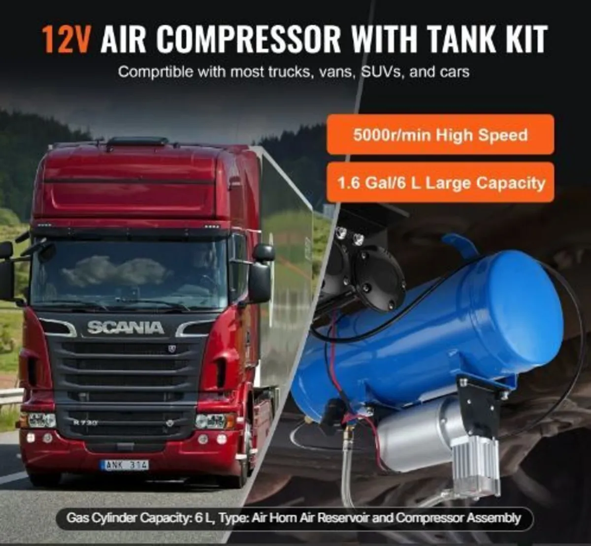 12V Air Compressor with Tank 1.6 Gallon/6 L - Image 2