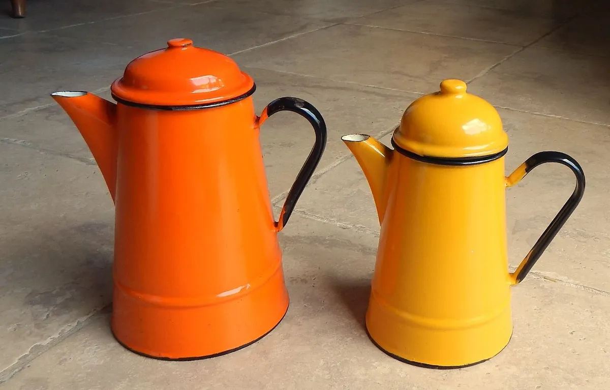 2 Vintage Polish Made Enamelled Metal Coffee Pots - Image 1