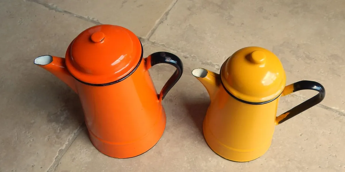 2 Vintage Polish Made Enamelled Metal Coffee Pots - Image 2