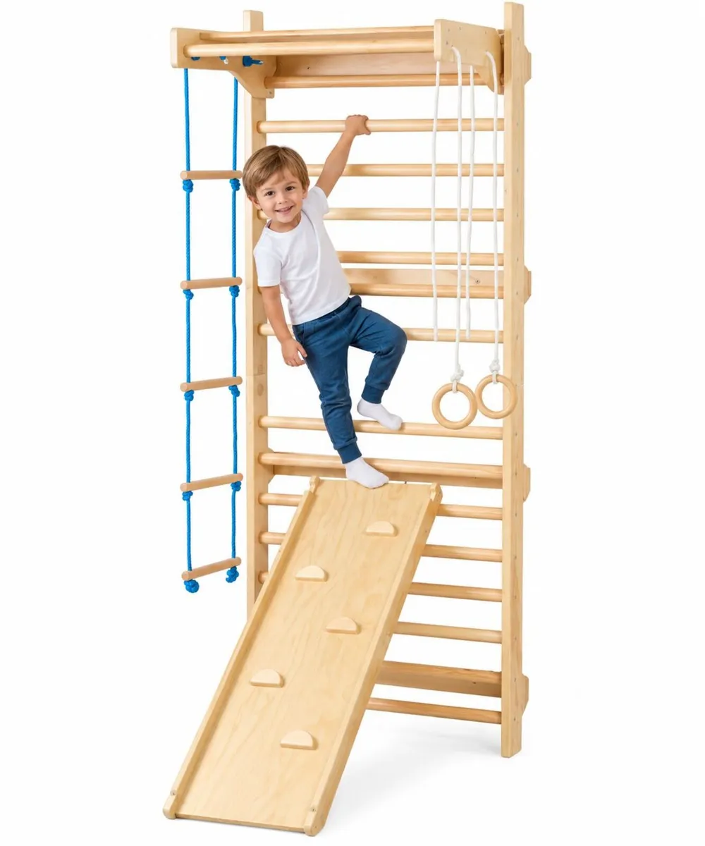 5-in-1 Wooden Swedish Wall Gym for Kids – Solid Pi - Image 1