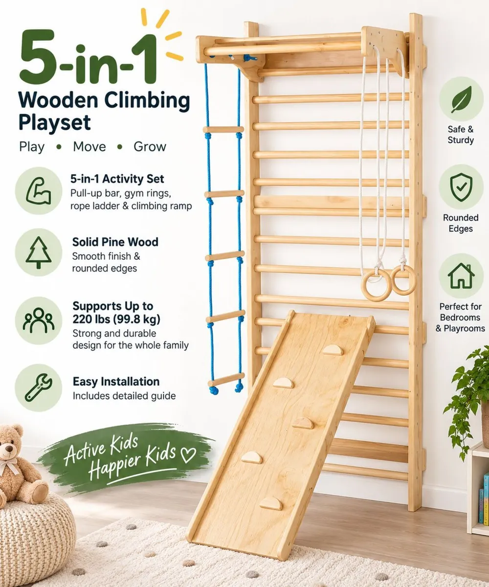 5-in-1 Wooden Swedish Wall Gym for Kids – Solid Pi - Image 2