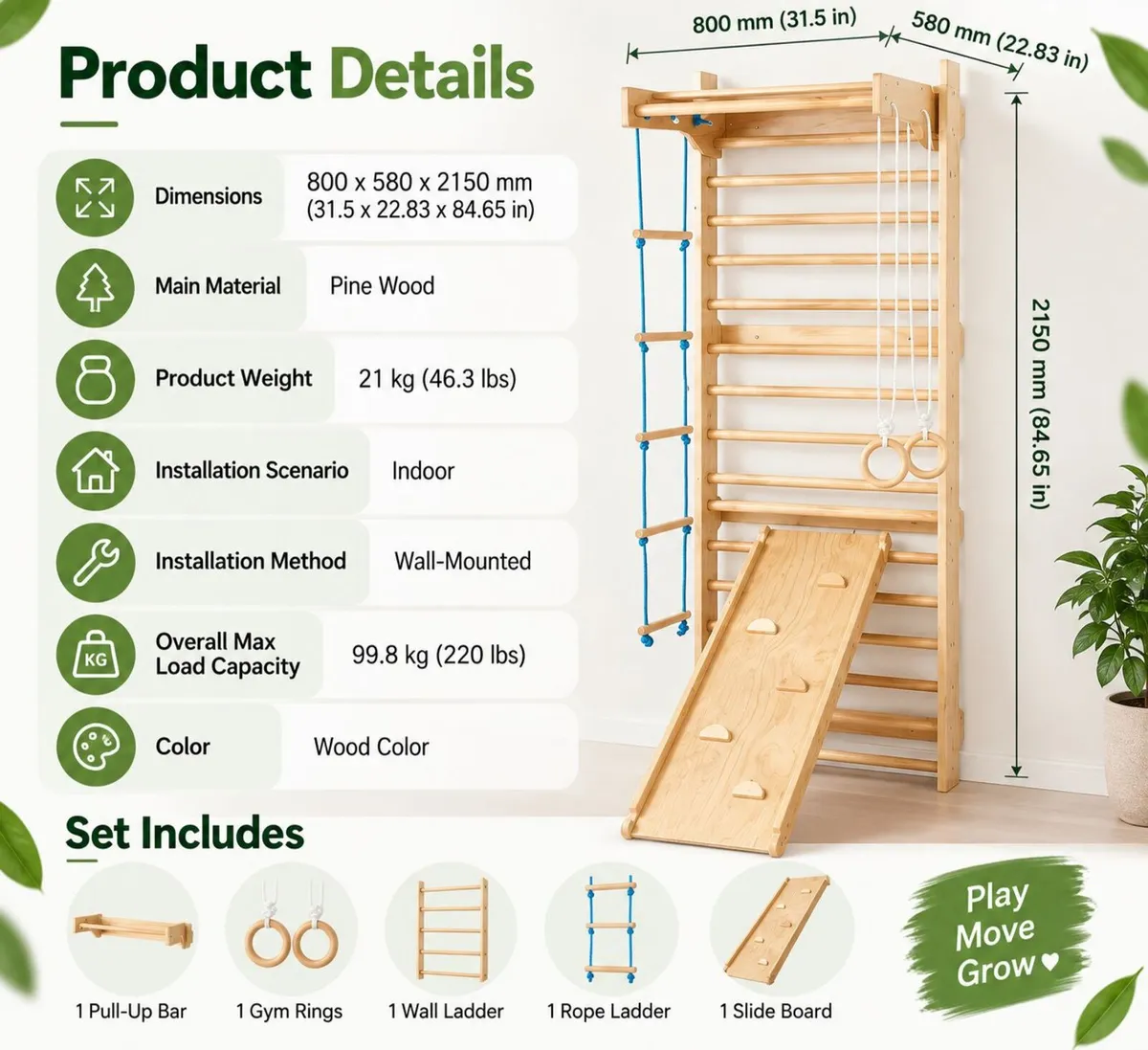 5-in-1 Wooden Swedish Wall Gym for Kids – Solid Pi - Image 4