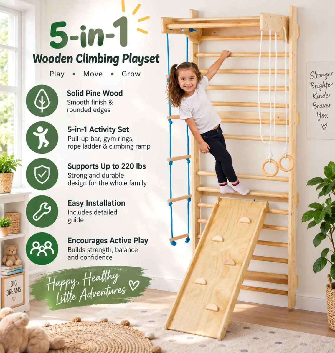 Swedish Ladder Wall Gym 5 in 1 Wooden Indoor Playg - Image 1