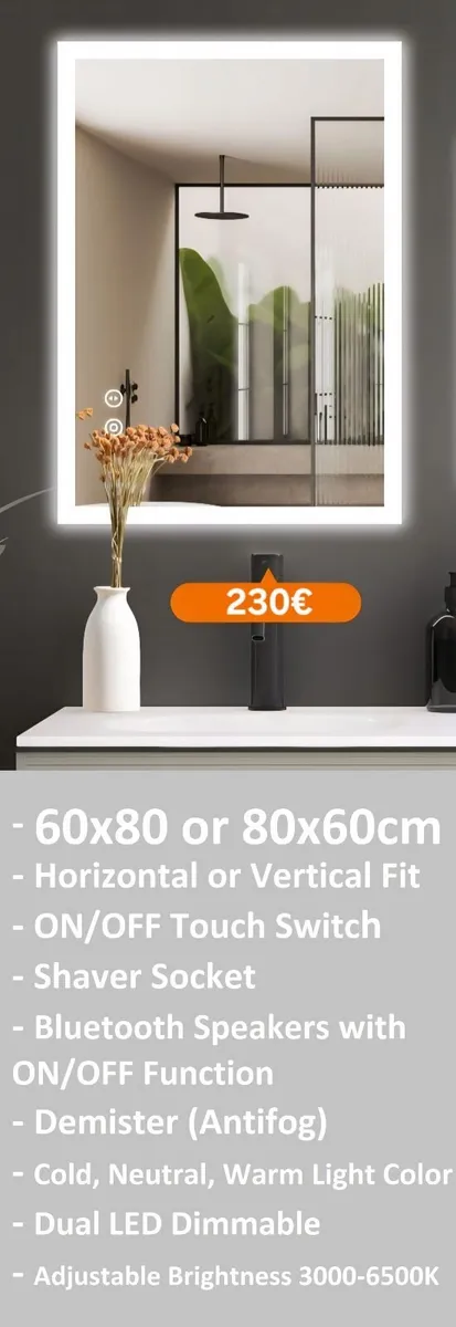 LED Bathroom Mirror Shaver Socket Antifog Speakers - Image 1