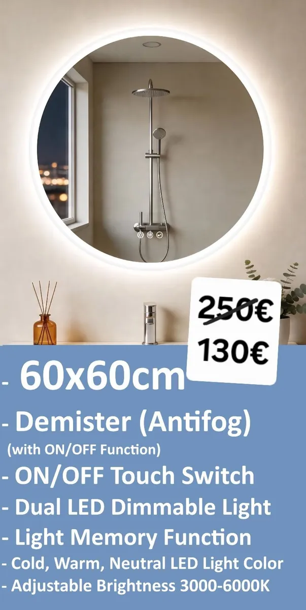 LED Bathroom Mirror Dual LED Antifog 60cm Round - Image 2