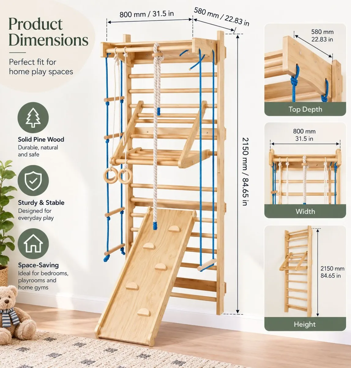 8-in-1 Wooden Swedish Wall Gym for Kids – Indoor C - Image 2