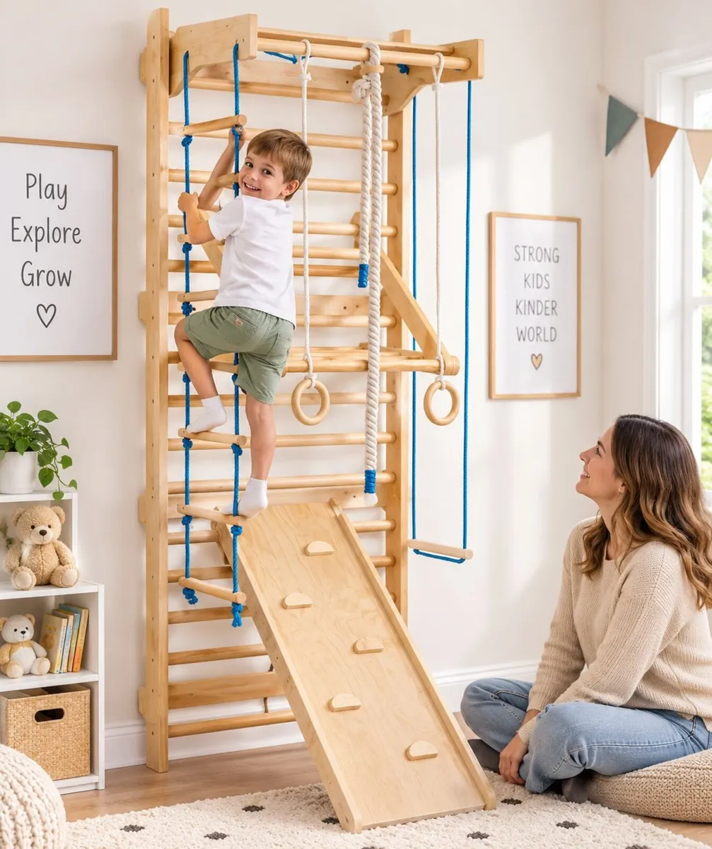8-in-1 Wooden Swedish Wall Gym for Kids – Indoor C - Image 3