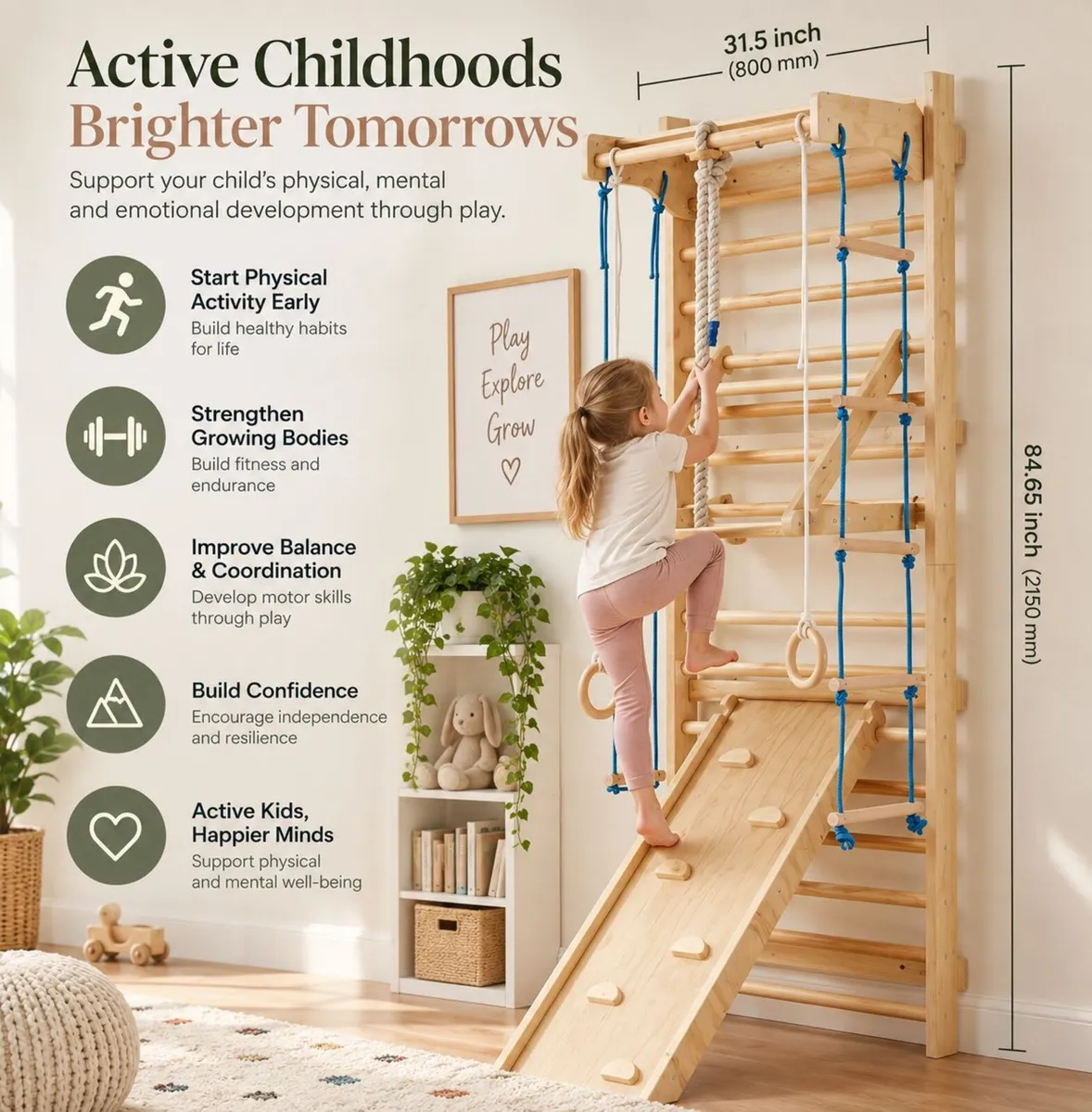 8-in-1 Wooden Swedish Wall Gym for Kids – Indoor C - Image 4