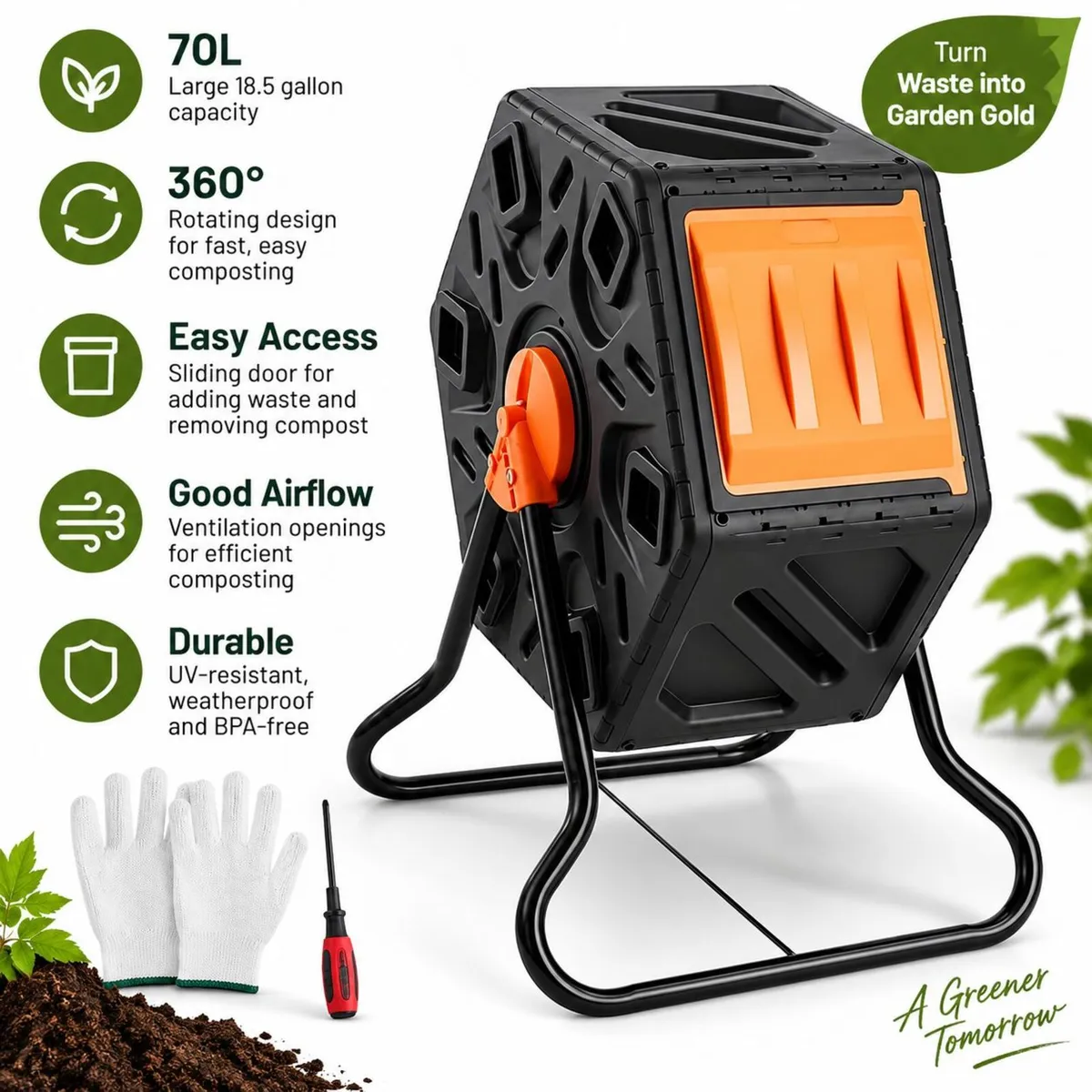 70L Garden Compost Tumbler – 360° Rotating Outdoor - Image 1