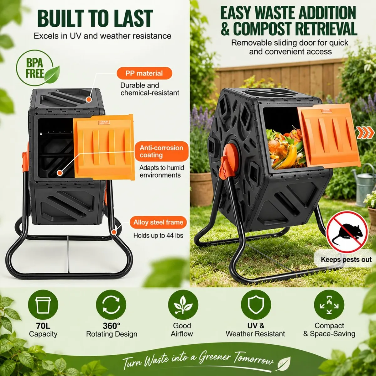70L Garden Compost Tumbler – 360° Rotating Outdoor - Image 2