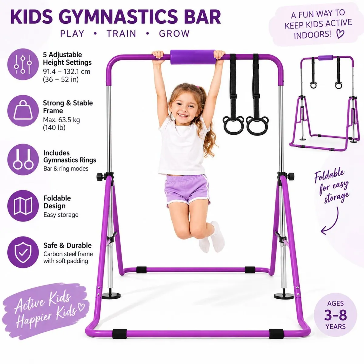 Kids Gymnastics Bar with Rings – Adjustable - Image 1