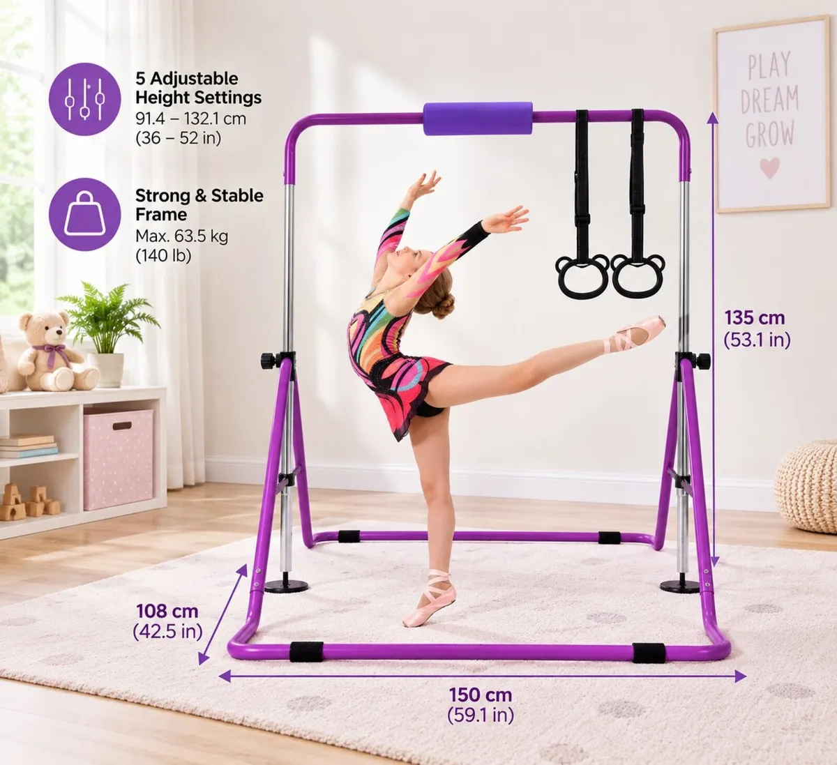 Kids Gymnastics Bar with Rings – Adjustable - Image 3