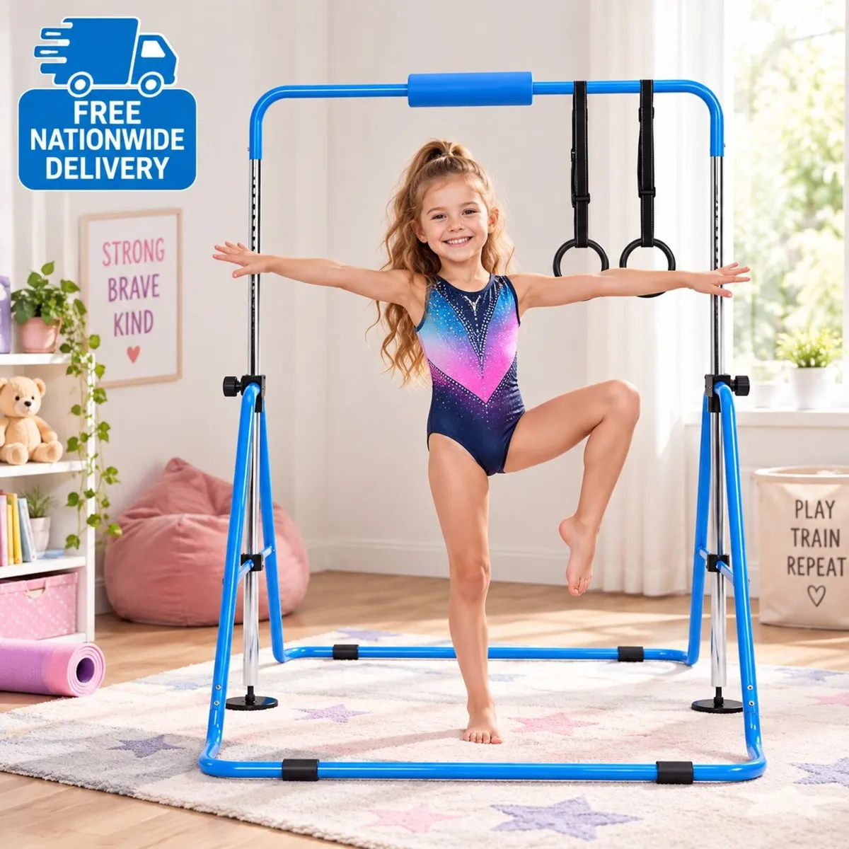 Kids Gymnastics Bar with Rings – Adjustable & Fold - Image 1