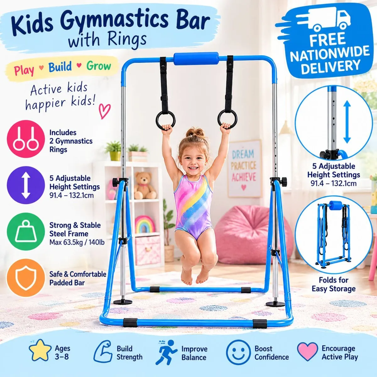 Kids Gymnastics Bar with Rings – Adjustable & Fold - Image 2
