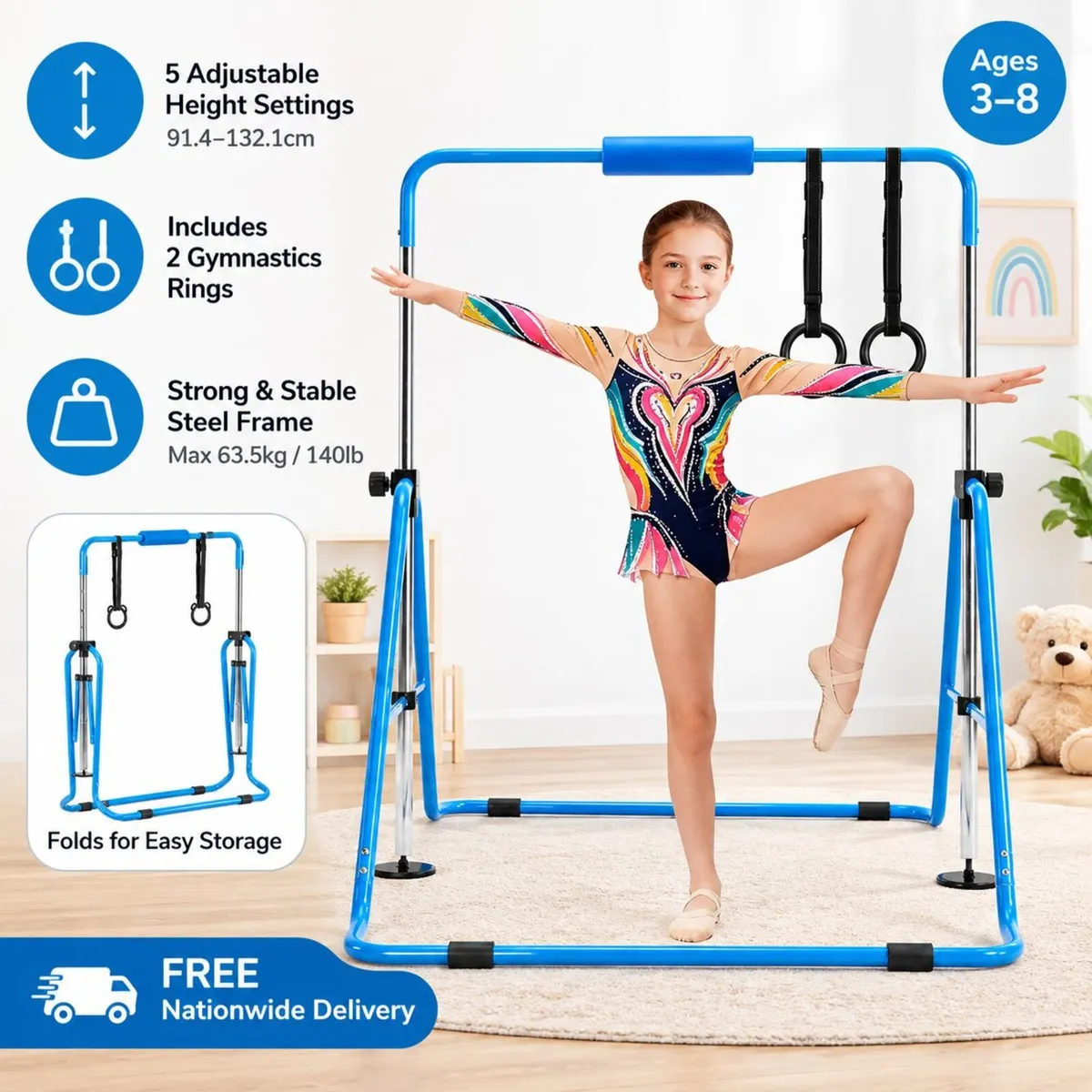 Kids Gymnastics Bar with Rings – Adjustable & Fold - Image 3
