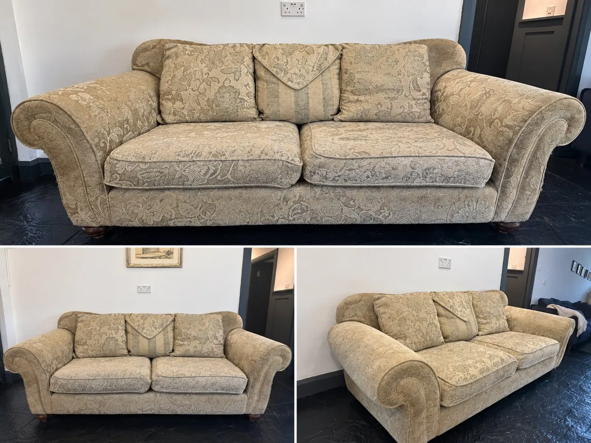 Beige damask floral upholstery couch - Image 1