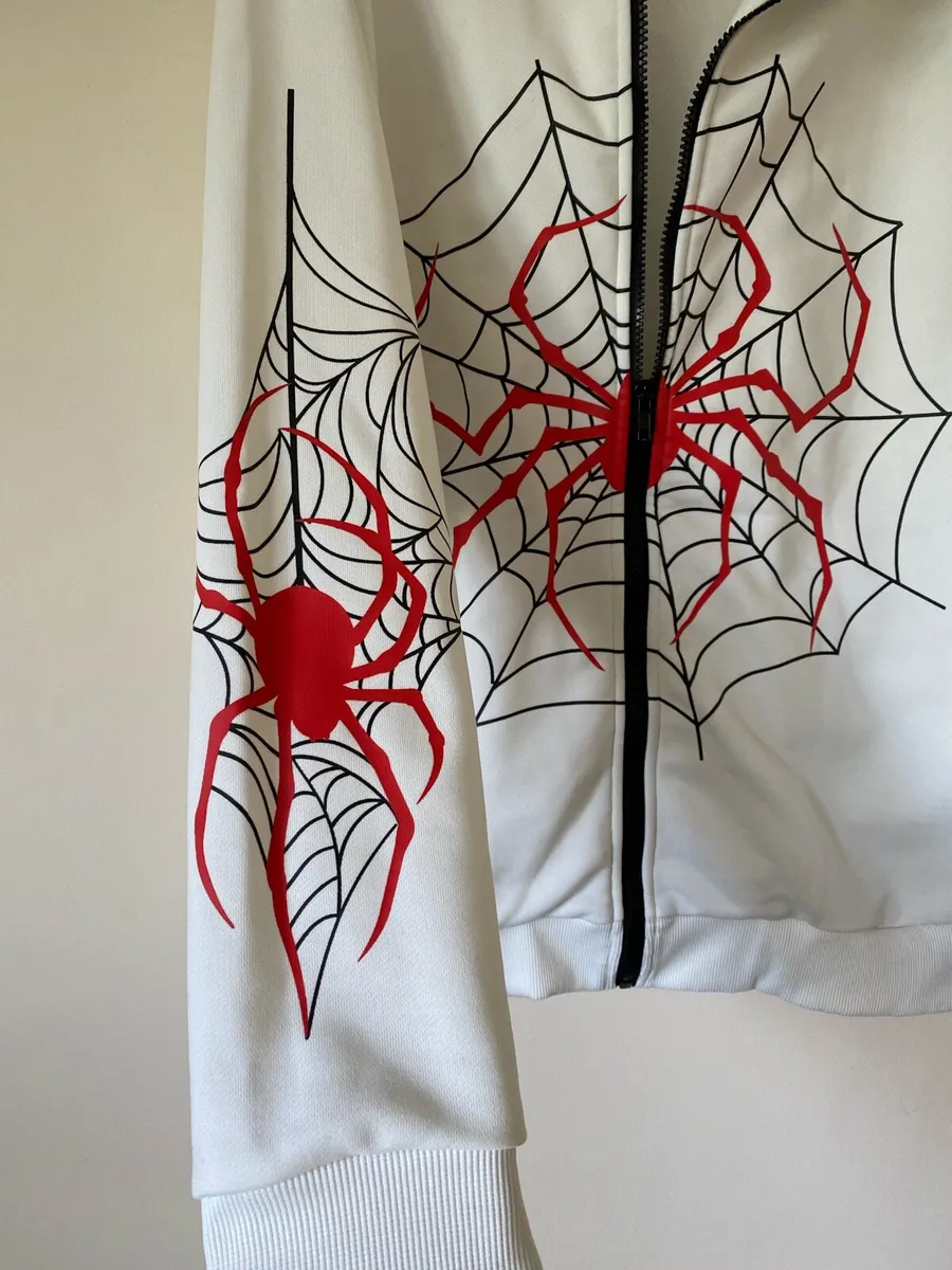 New Shein White and Red Spider Web Printed Hoodie - Image 3