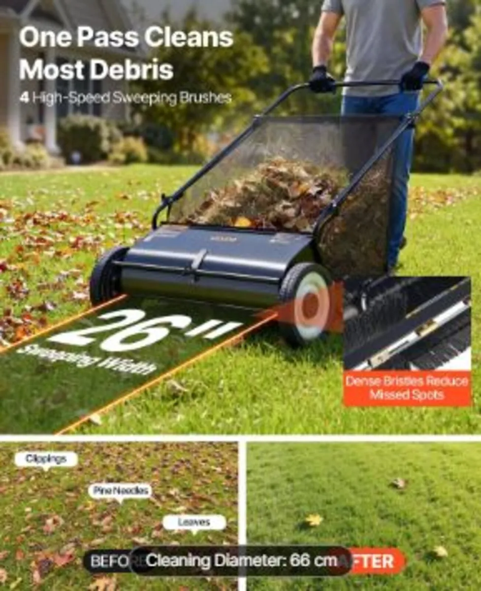Push Lawn Sweeper, 26-inch Leaf & Grass Collector - Image 2