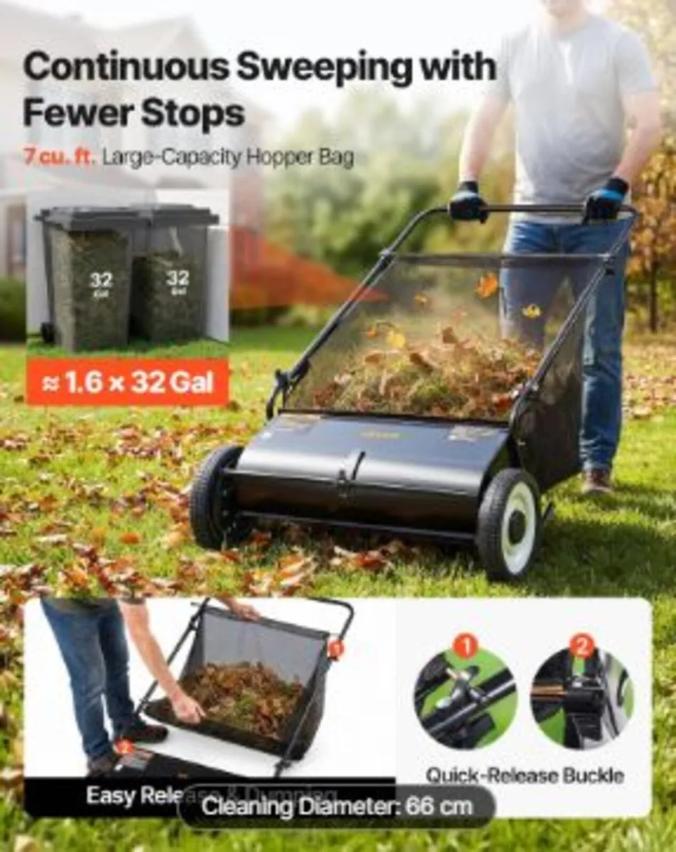 Push Lawn Sweeper, 26-inch Leaf & Grass Collector - Image 4