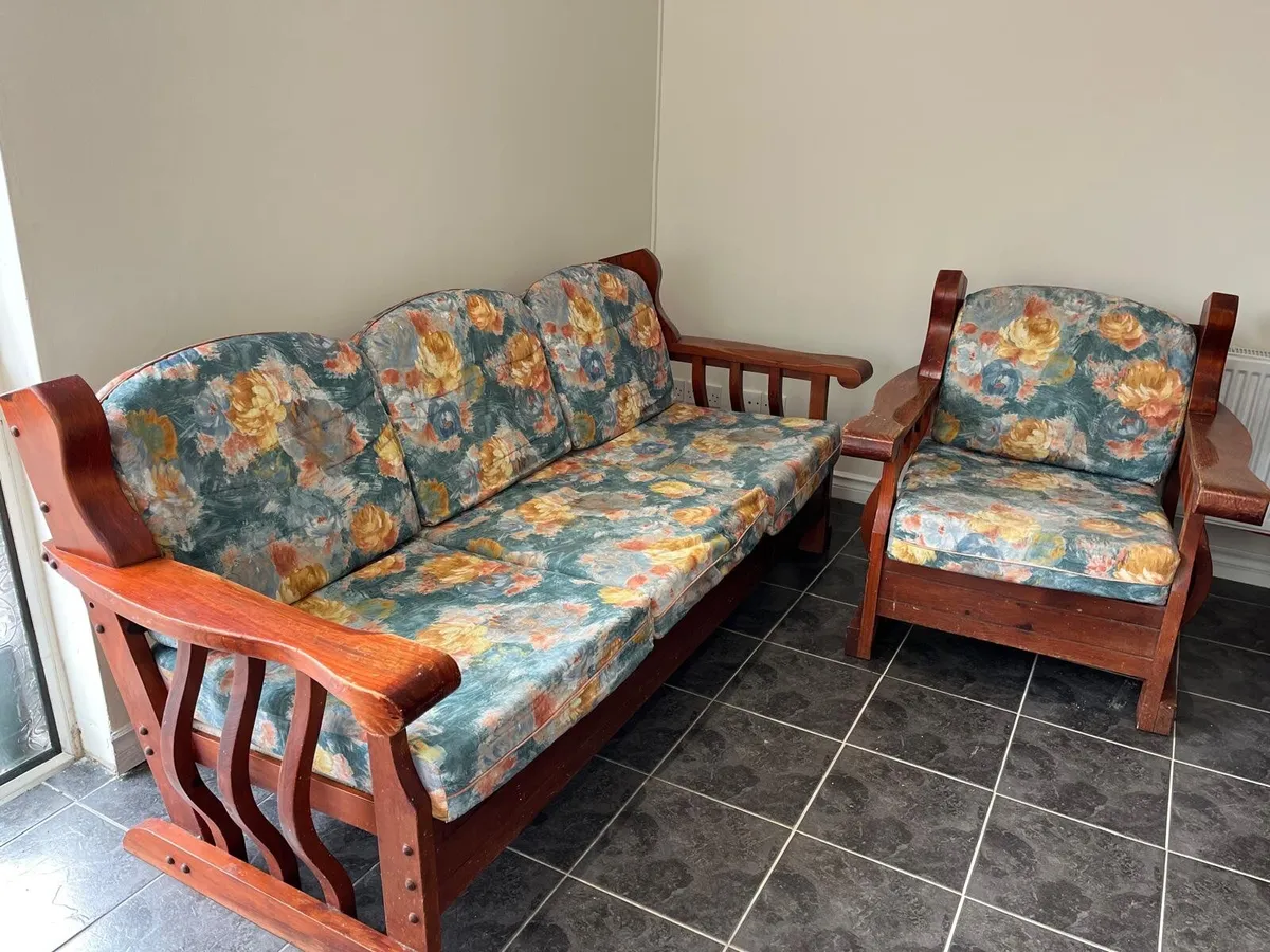 Wood Living Room Set - 3-Seater Sofa & Armchair - Image 2