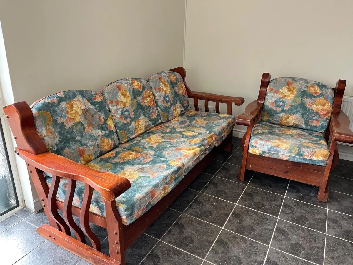 Wood Living Room Set - 3-Seater Sofa & Armchair - Image 3