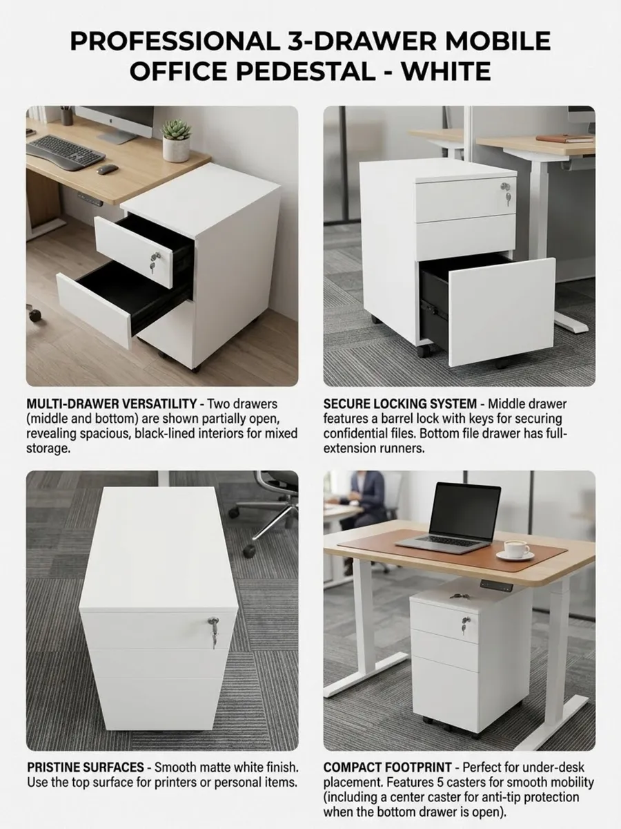 3-Drawer Mobile Office Pedestal / Filing Cabinet - - Image 2