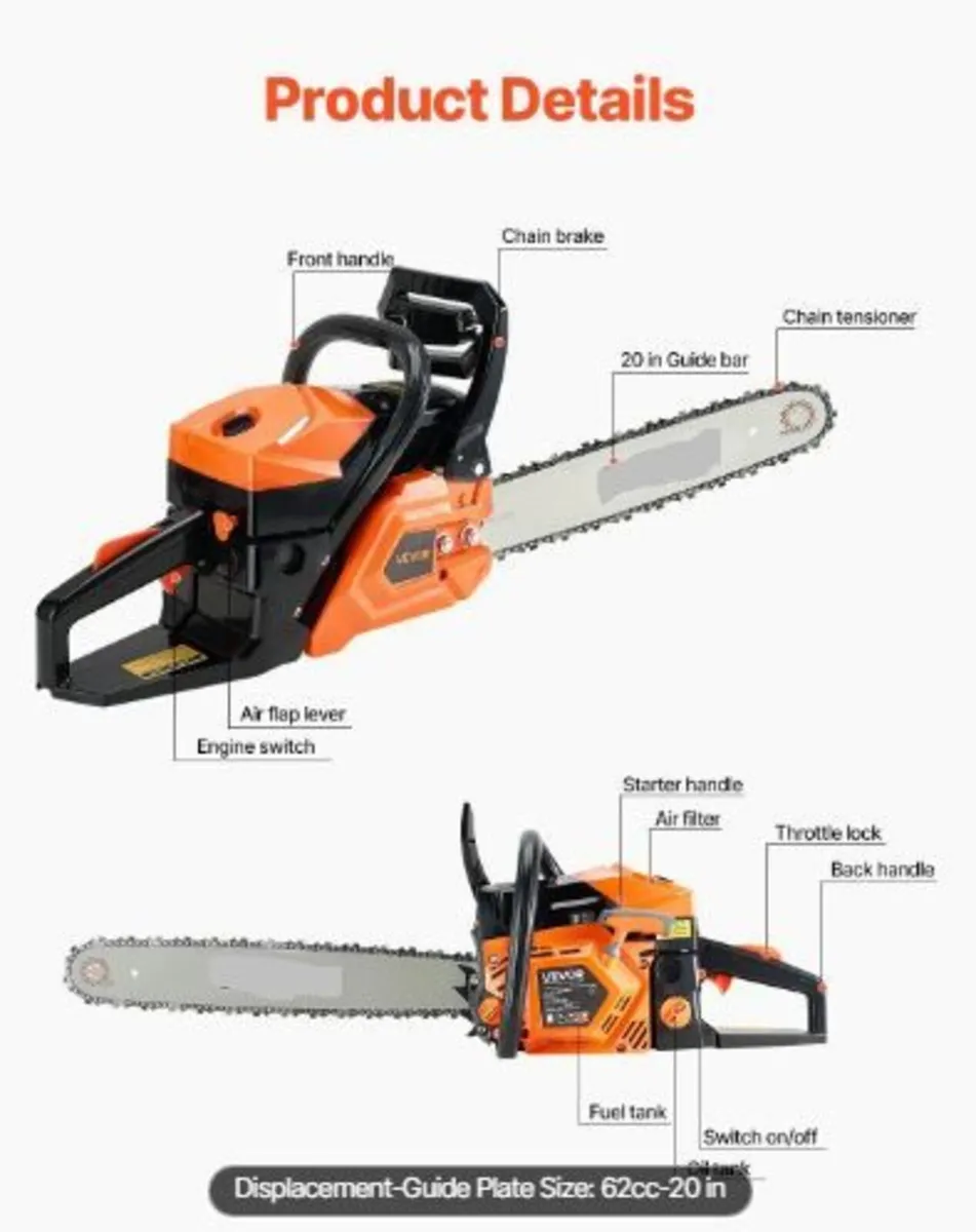 62 cc Gas Chainsaw, 20 inch Gas Powered - Image 1