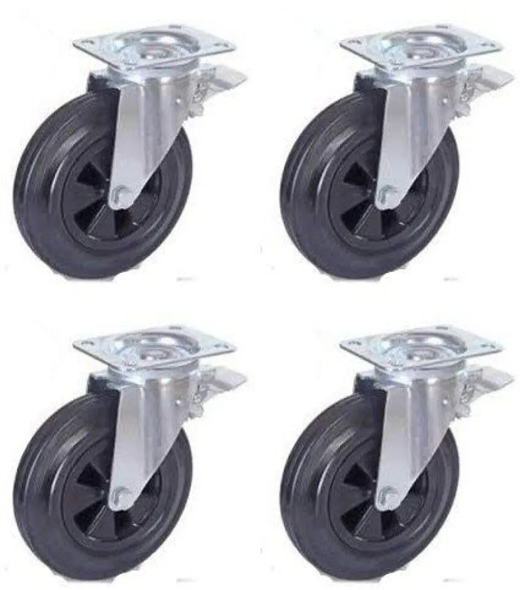 200mm Heavy Duty Swivel Braked Castors Set 4 - Image 1