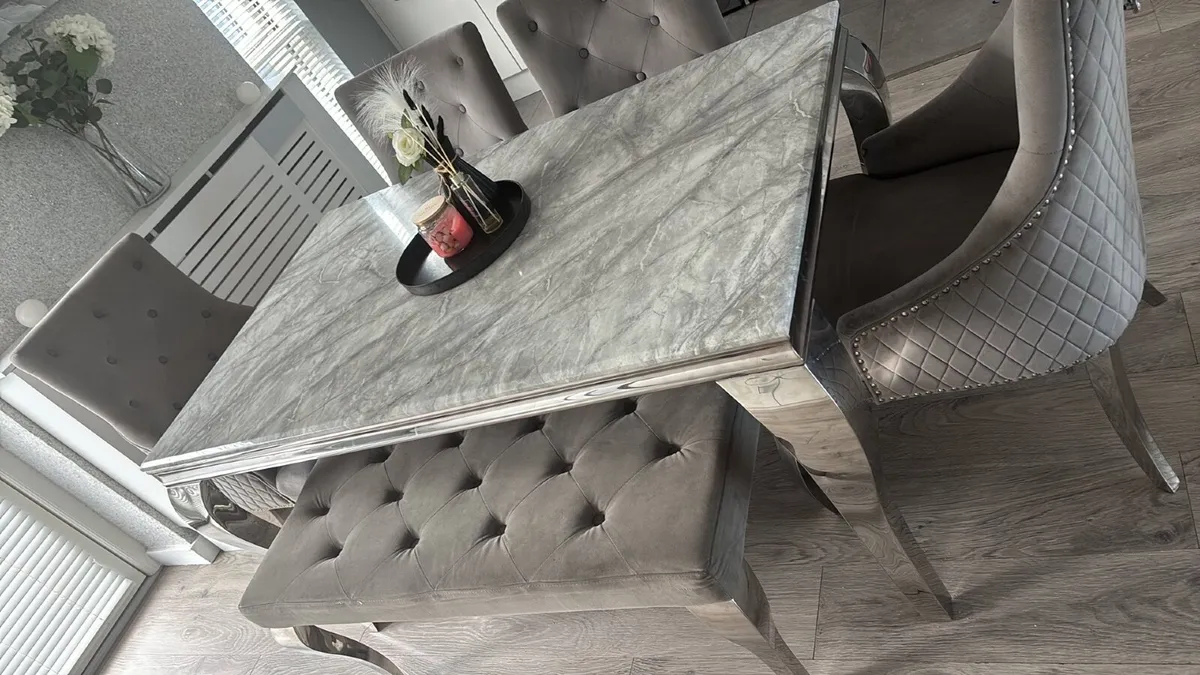 Modern Marble table chairs and matching bench - Image 4