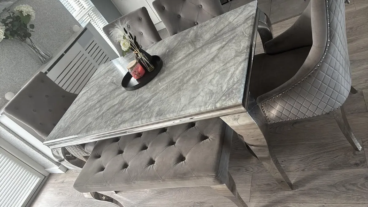 Modern Marble table chairs and matching bench - Image 1