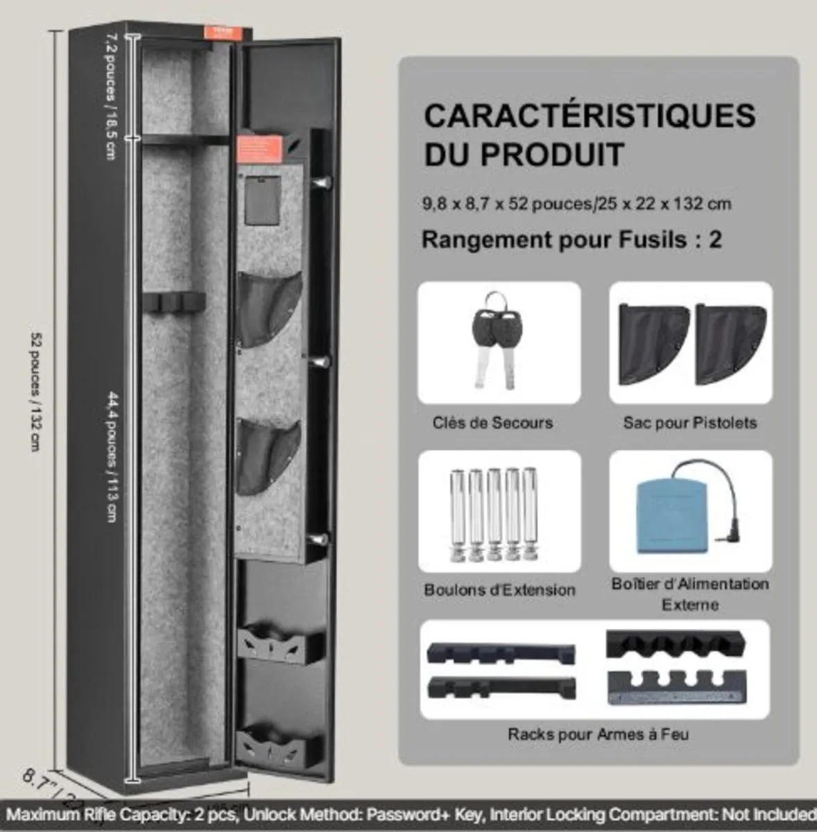 2 Rifles Gun Safe, Rifle Safe with Lock & Digital - Image 3
