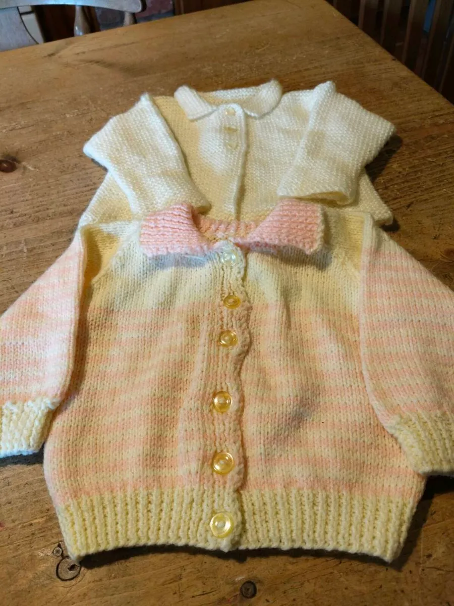 Baby Handkitted cardigans, one pink and yellow. An - Image 1
