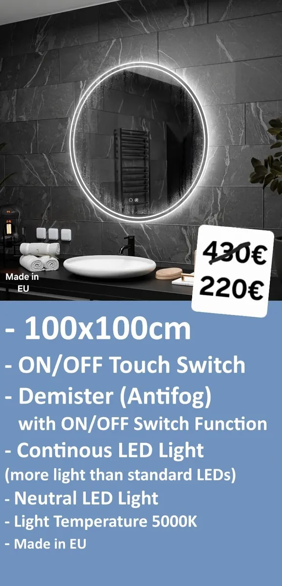 LED Bathroom Mirror 100cm Round Continous  Light