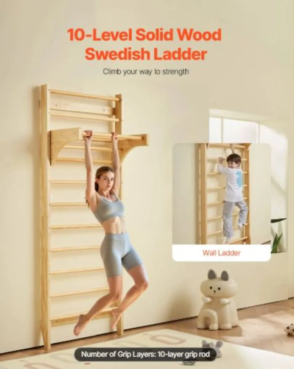 Swedish Ladder Wall Gym,10-Level Solid Wood Indoor - Image 4