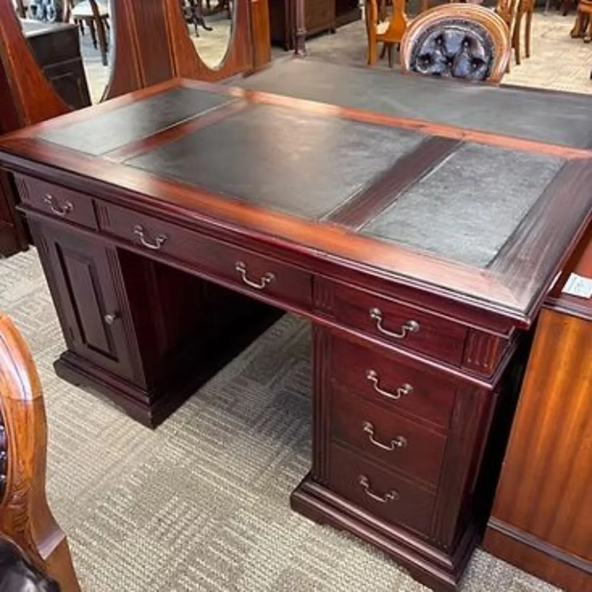 Mahogany deep green leather top twin pedestal comp
