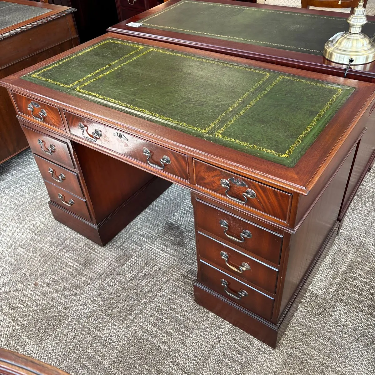 Mahogany olive green leather top twin pedestal wri - Image 2
