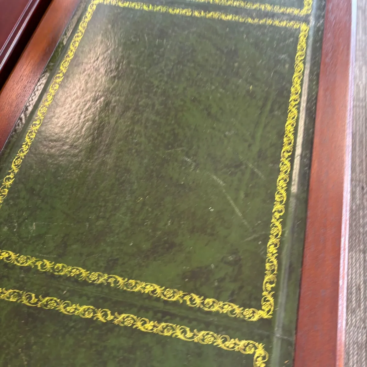 Mahogany olive green leather top twin pedestal wri - Image 1