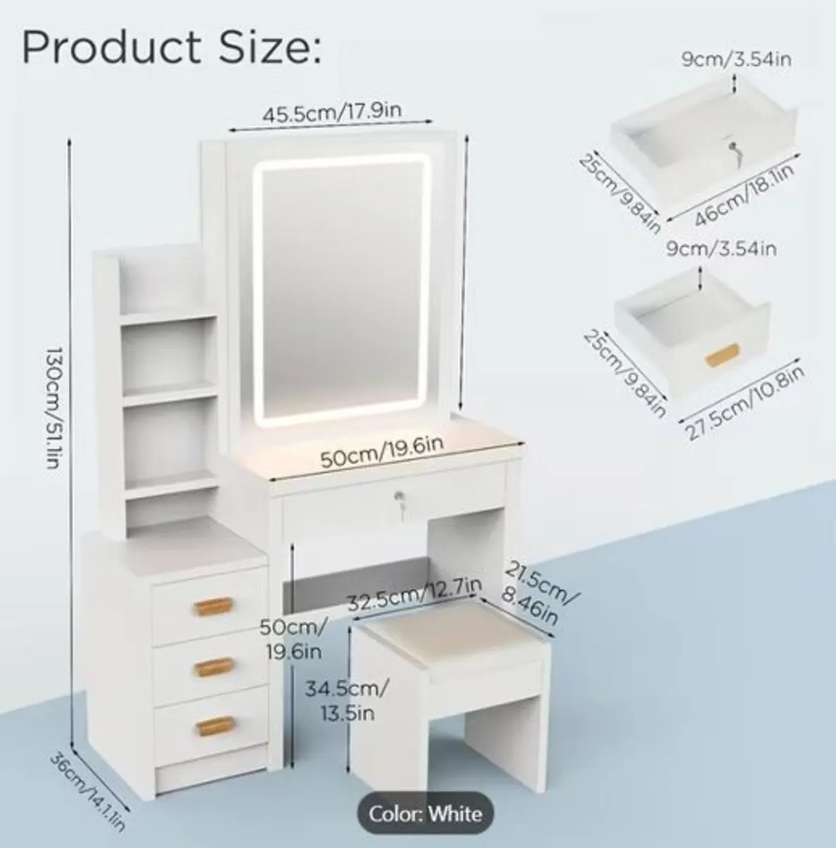 Dressing table & stool white LED vanity desk - Image 3