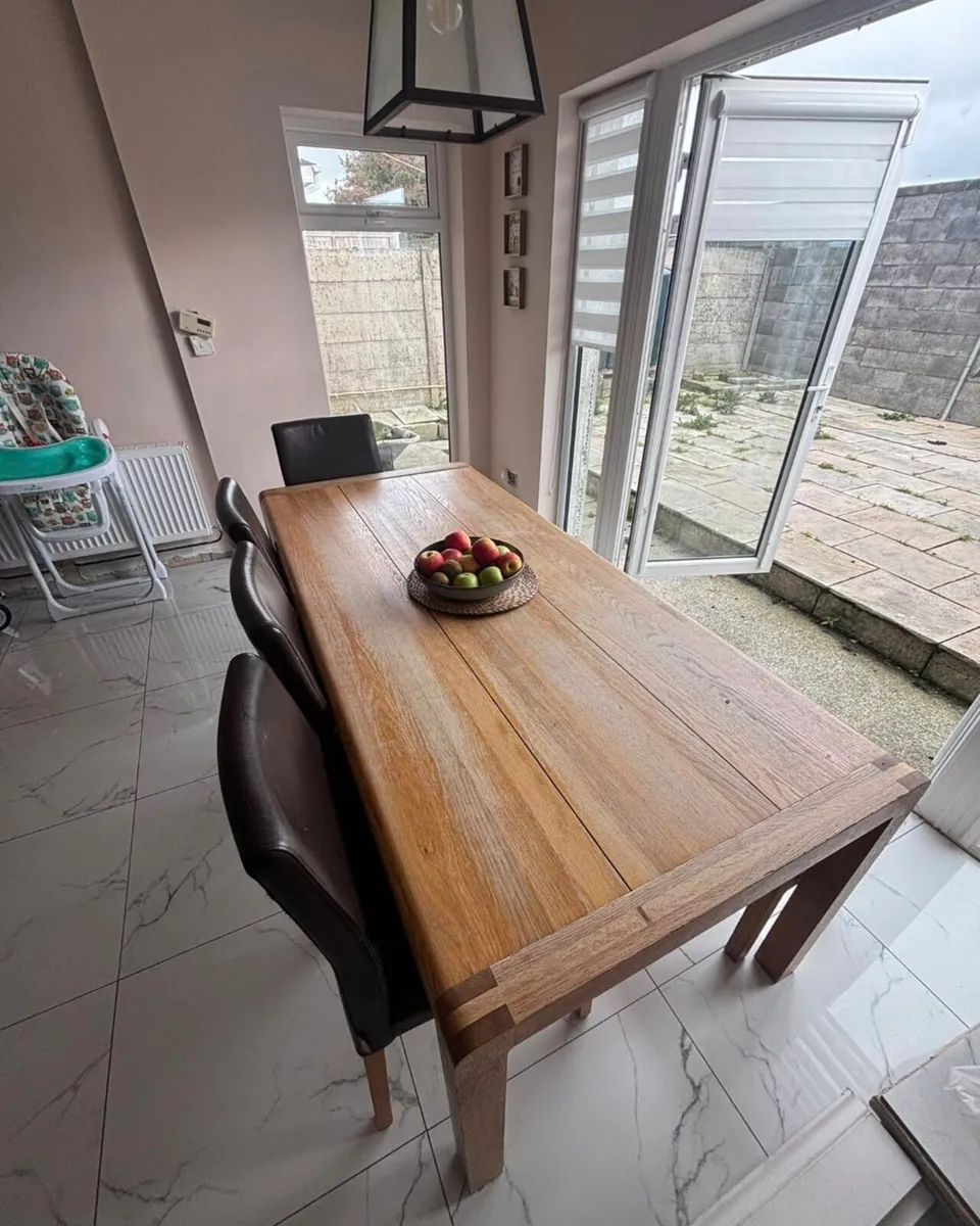 Solid Oak Dining Table, Chairs and Bench - Image 2