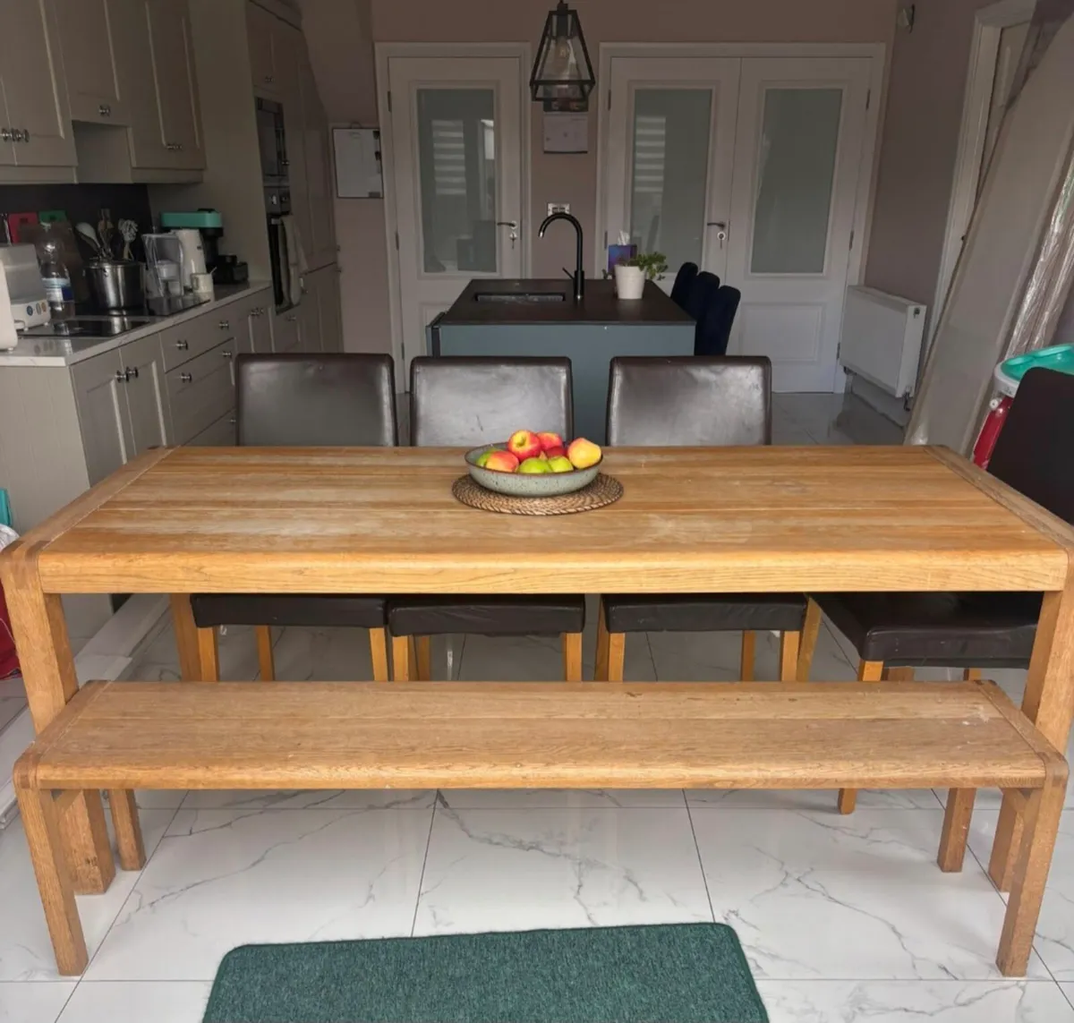 Solid Oak Dining Table, Chairs and Bench - Image 1