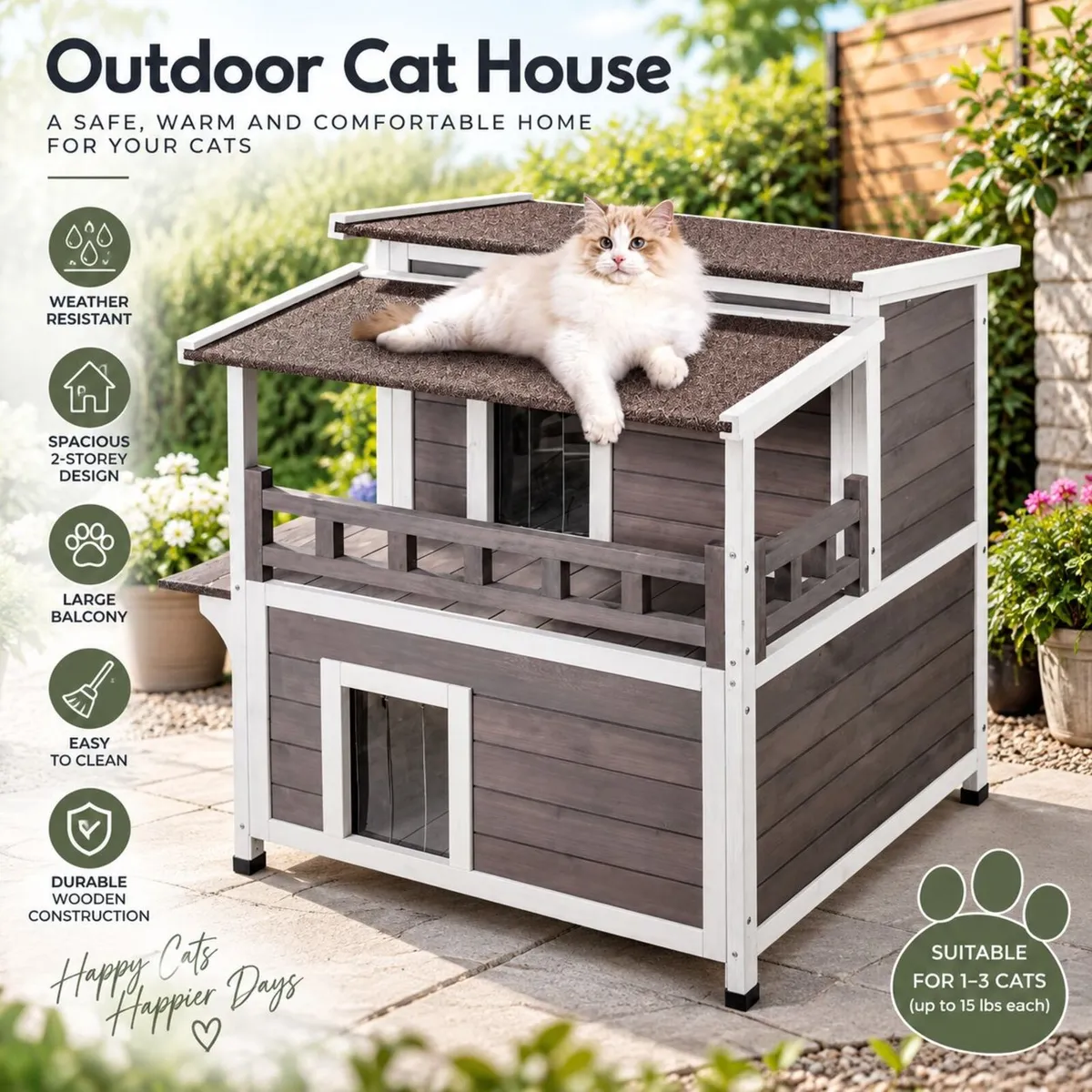Outdoor Cat House Weatherproof 2 Storey Wooden Fer - Image 1