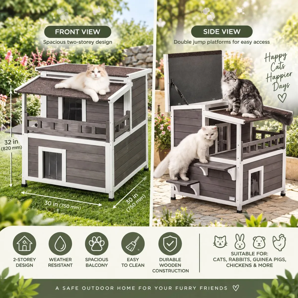 Outdoor Cat House Weatherproof 2 Storey Wooden Fer - Image 2