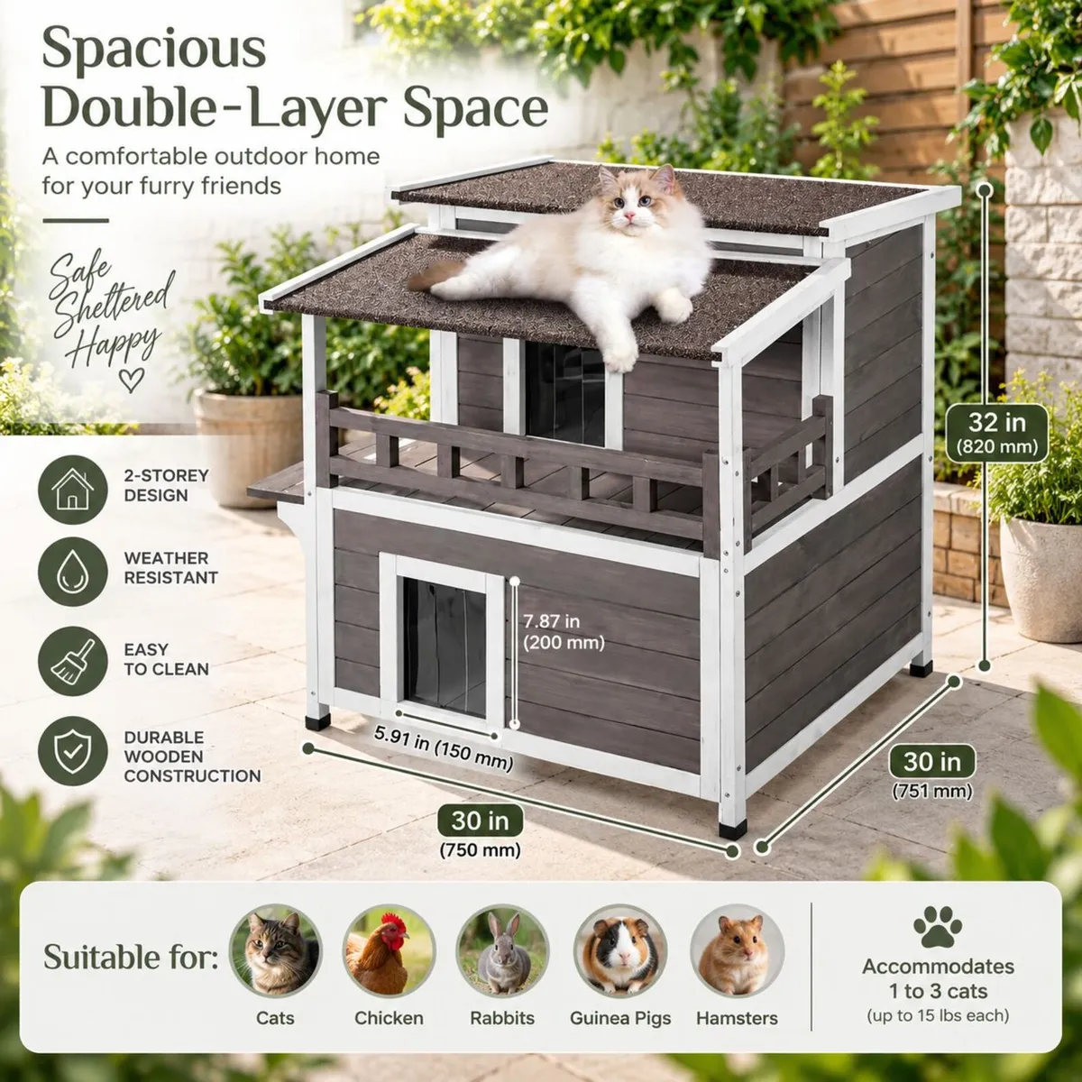 Outdoor Cat House Weatherproof 2 Storey Wooden Fer - Image 3