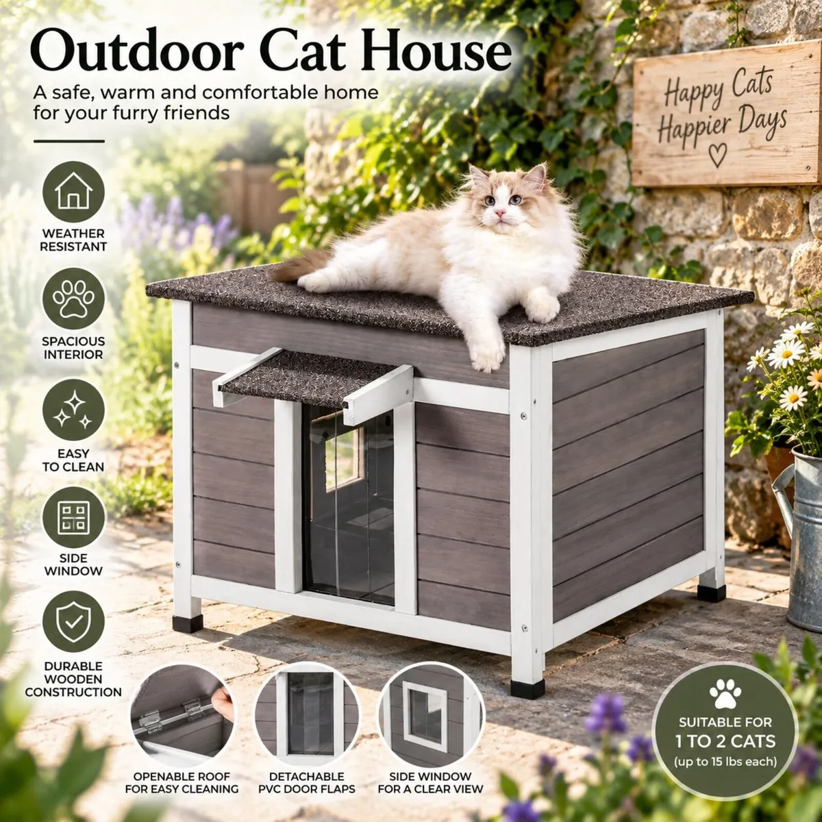 Outdoor Cat House Weatherproof Wooden Cat Shelter - Image 4