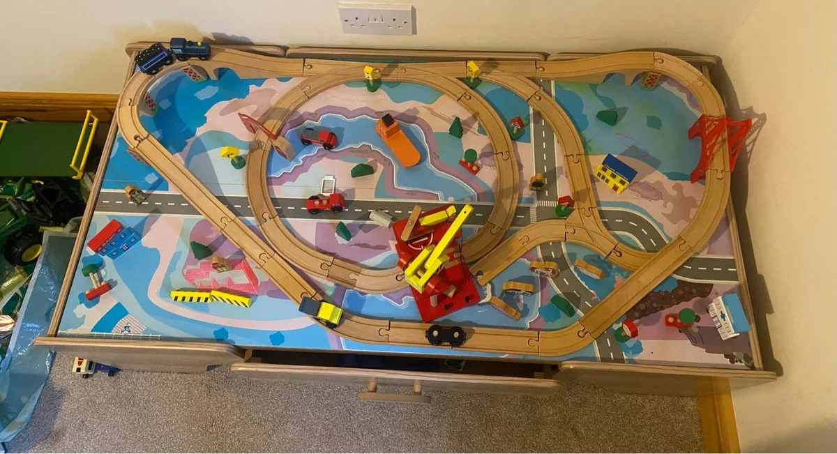 Kids wooden train tracks on table - Image 2