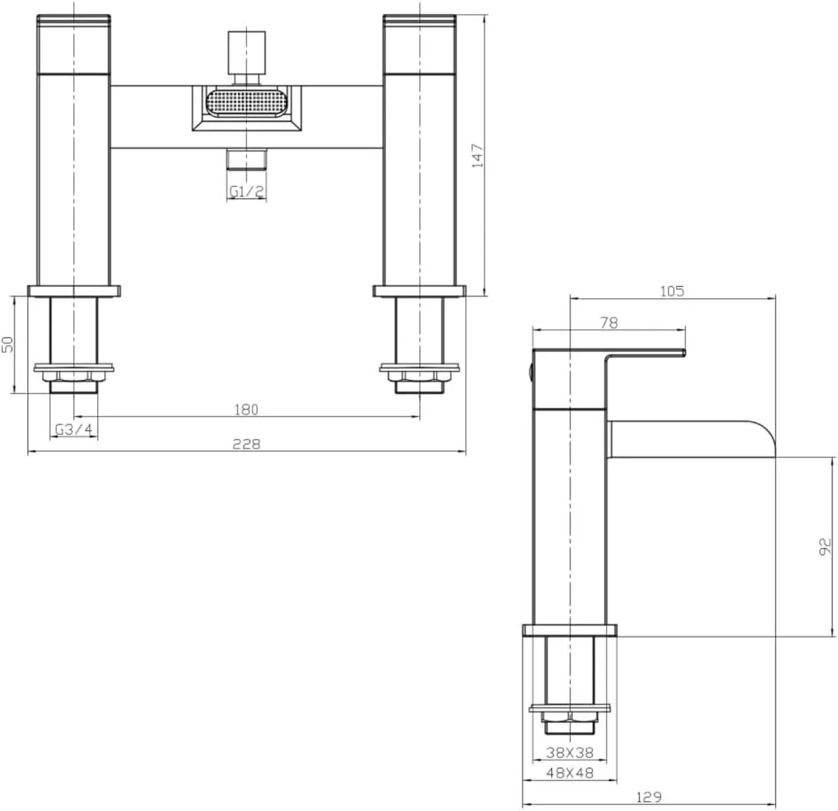 Square Waterfall Bath Shower Mixer Filler Tap Kit - Image 2