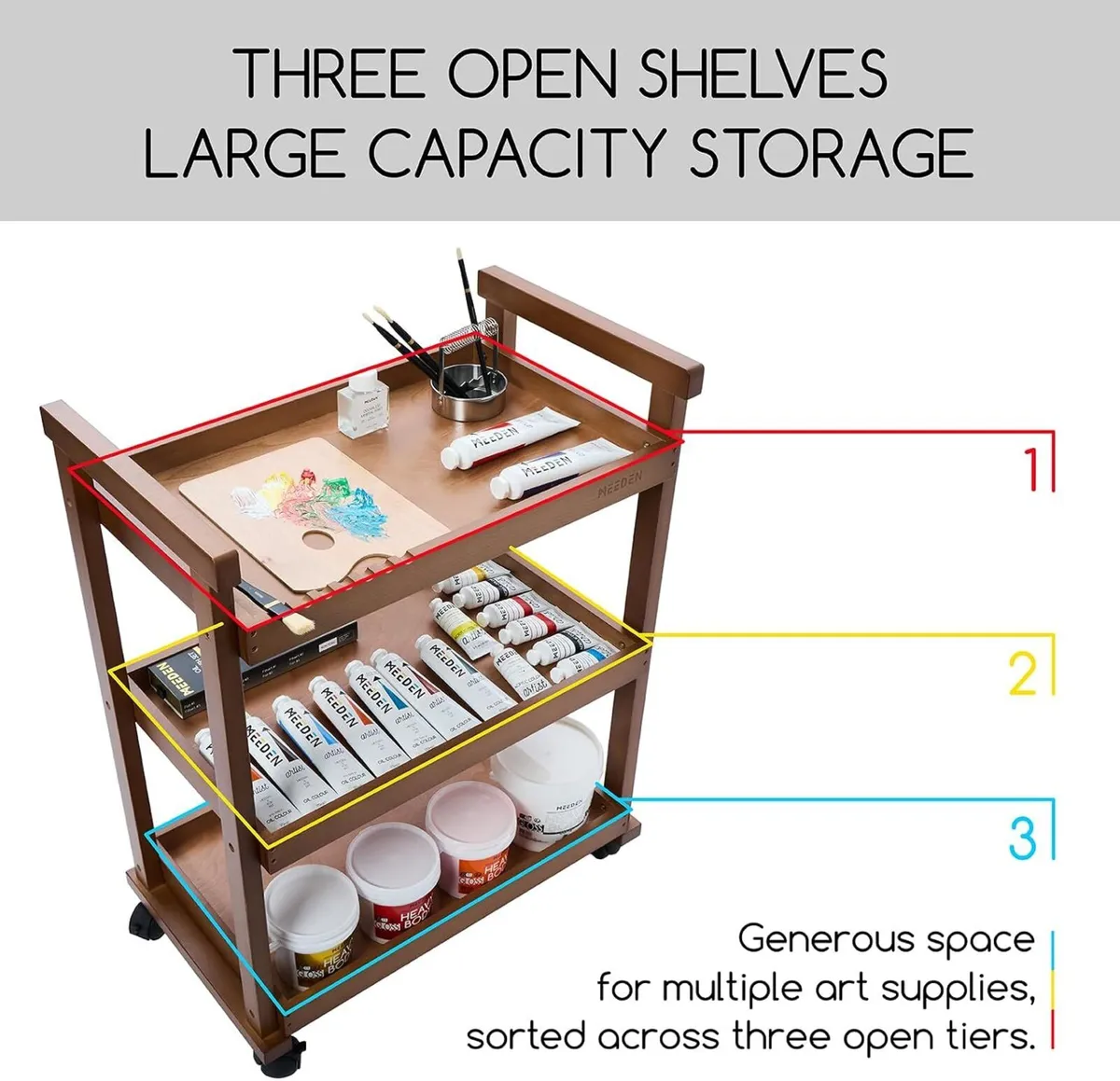 Rolling Art Supply Cart: Solid Beech Wood 3-Tier - Image 4