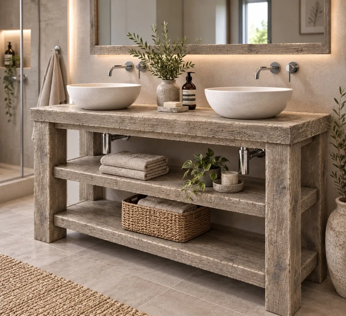 Handmade Aged Driftwood Style Bathroom Vanity Unit - Image 1