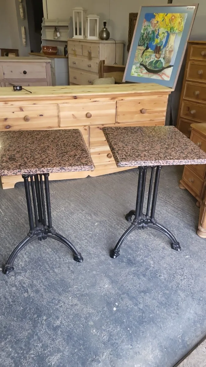 Pair vintage granite top cast iron base tables - Image 1